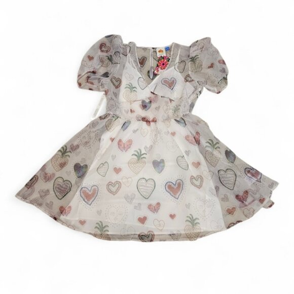 FARM Rio Anthropologie Sheer Heart Puff Sleeve Mini Dress In White Size L NWT - Picture 6 of 12
